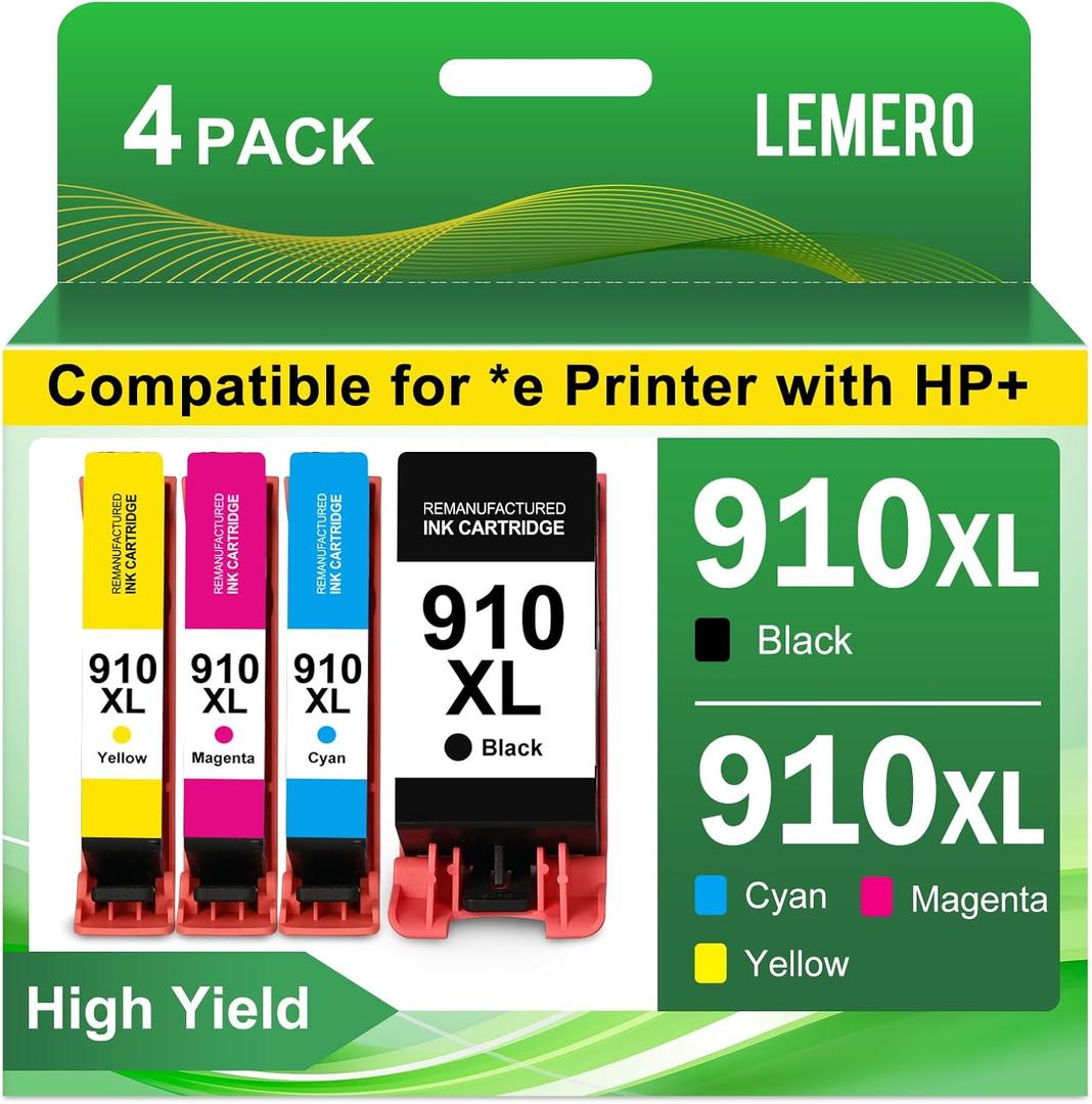 910 XL 910XL Ink Cartridges Combo Pack High Yield Replacement for HP 910XL Ink Cartridges for OfficeJet 8015e 8010 OfficeJet Pro 8025e 8020 8028e, 4-Pack (910XL4P Black Cyan Magenta Yellow)