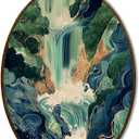 JQF Vintage Japanese Oval Wall Decor, Oriental Japandi Oval Canvas Wall Art, Blue Green Japanese Waterfall Landscape Framed Prints Hanging Decor for Home Bedroom Living Room, 8.5x11.5 Inch