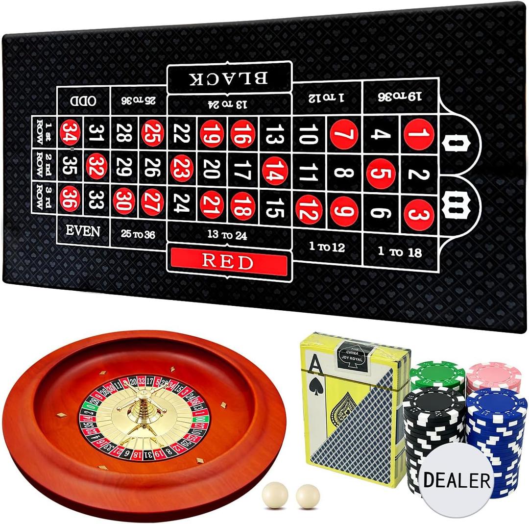 11 inch Solid Roulette Wheel Set for Adults, with 47.2 x 22.8 Inch Double Sided Table Layout Felt Mat, 100 ABS Chips, and Dealer Button Playing Cards Casino Roulette Game Sets