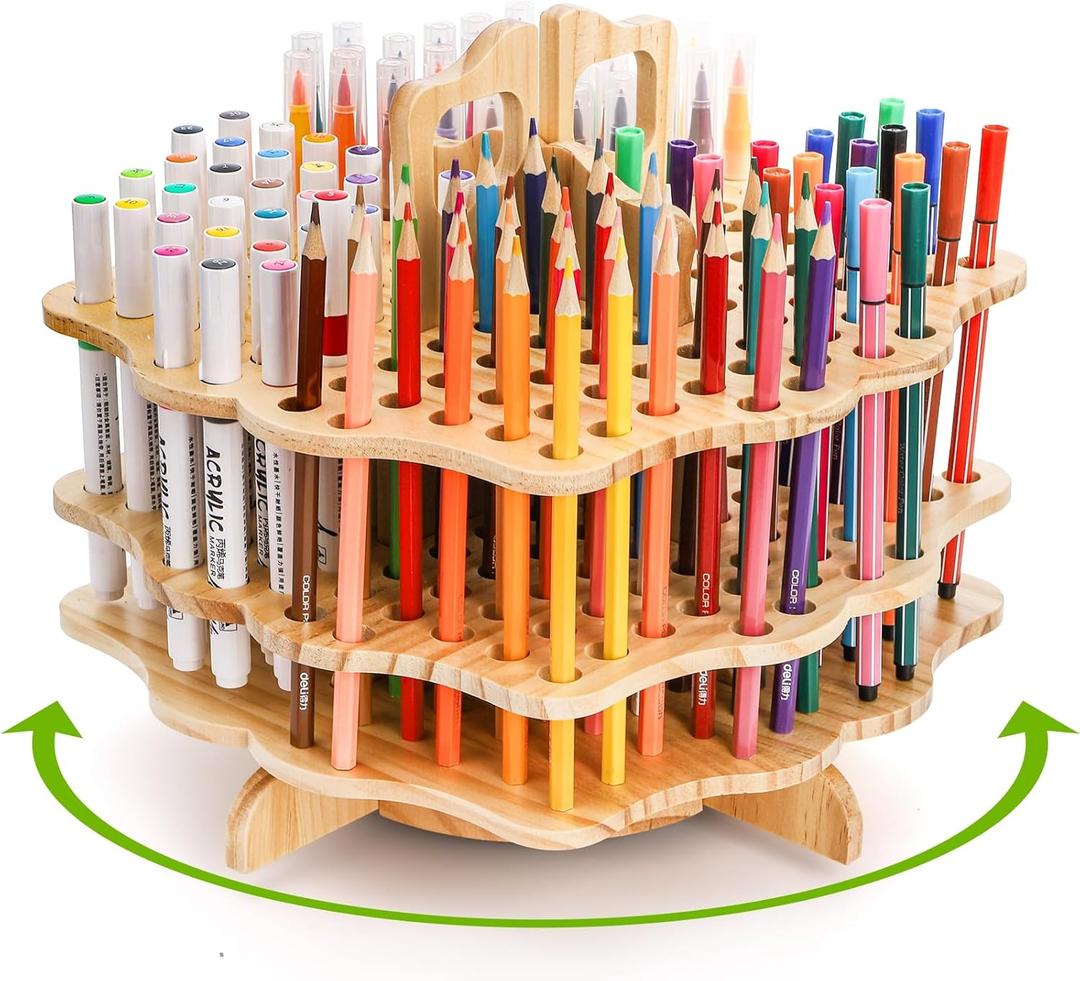 Peohud Wooden Pen Holder, 124 Slots Rotating Pencil Display Stand, Portable Paint Brush Organizer for Colored Pencils, Watercolor Brushes, Art Brushes, Office, Desktop