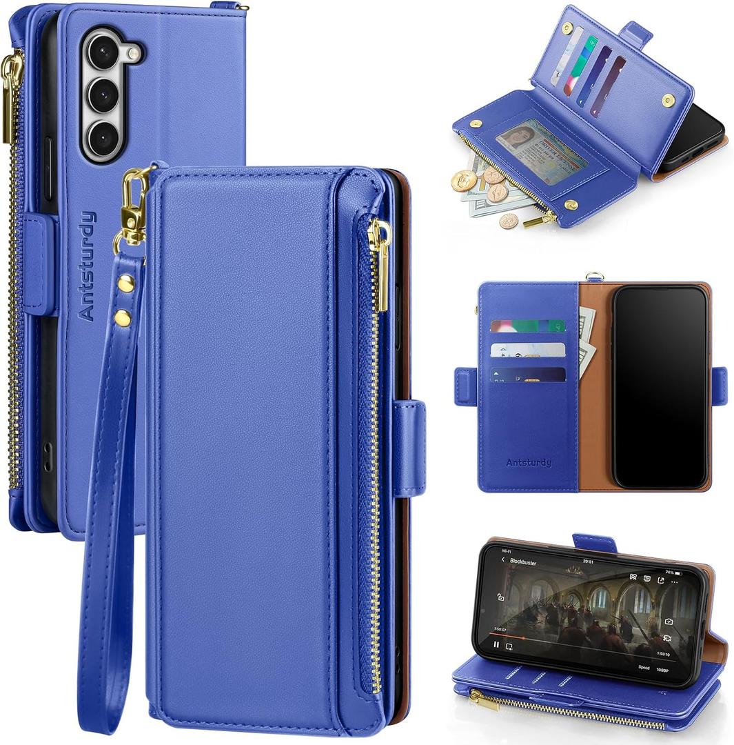Antsturdy Compatible with Samsung Galaxy S23+/S23 Plus case Wallet with Card Holder for Women Men Phone case RFID Blocking PU Leather Flip Cover with Strap Zipper Credit Card Slots,Purple Blue