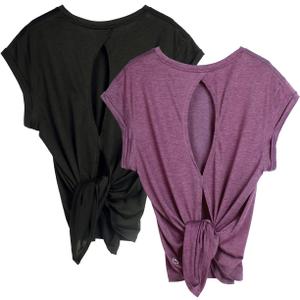 icyzone Open Back Workout Top Shirts - Yoga t-Shirts Activewear Exercise Tops for Women(Pack of 2) (Small, Black/Grape)
