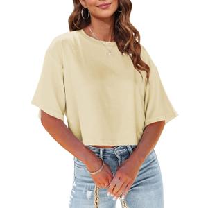 Tankaneo Women Half Sleeve Cropped T-Shirts Drop Shoulder Round Neck Crop Tops Casual Summer Solid Color Basic Tees (Small, 06-beige)
