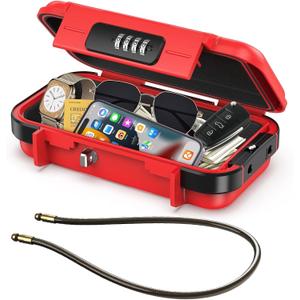 LOFICOPER Travel Safe Lock Box, Waterproof Beach Lock Box, Anti-Theft Personal Security Case with 4 Digit Resetable Code, Removable Chain, Portable Safe for Travel, Home, Office, Keys, Cash, Red