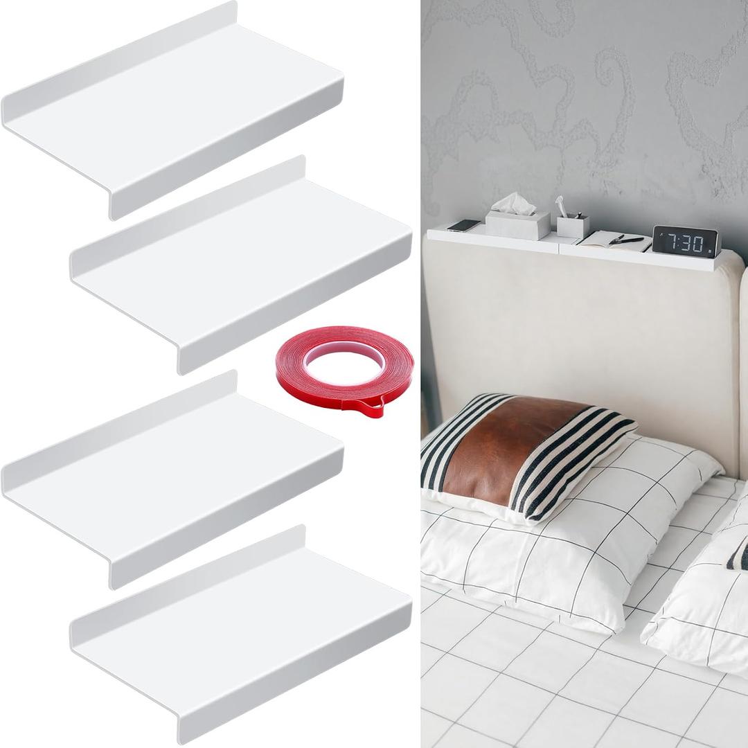 Hoteam 4 Pcs Headboard Shelf No-Screws Dorm Bed Shelf Self Adhesive White Dorm Headboard Storage with Acrylic Double Sided Tape Over Bed Organizer for Flat Top Headboards Home Bedroom Renter