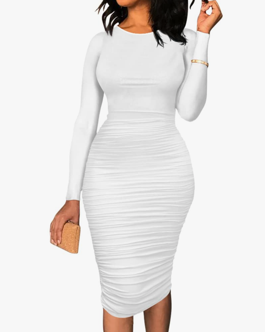 BEAGIMEG Women's Ruched Long Sleeve Elegant Bodycon Basic Casual Midi Dress, L