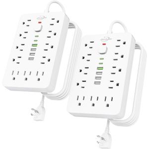 2 Pack 6 FT Flat Plug Surge Protector Power Strip,11 Multiple AC Outlets with 6 USB Ports (2 USB C), 6 Feet Extension Cord, 1250W/10A, One Touch Switch Button, 17 in 1 Compact powerstrip (White)
