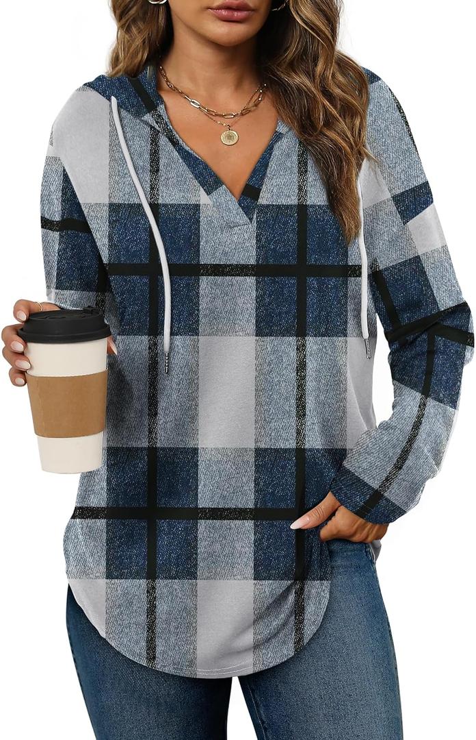 Bofell Womens Fashion Tops Hoodies for Women Pullover Oversized Sweatshirts Long SLeeve Shirts Loose Fit (Small, Plaid Blue)