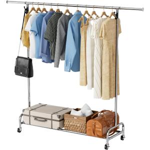 Standard Clothing Garment Rack with Wheels, 47.05" to 65.94" Adjustable Chrome Clothes Rack for Hanging Clothes, Portable Rolling Clothing Rack with Lockable Casters for Bedroom, Laundry Room