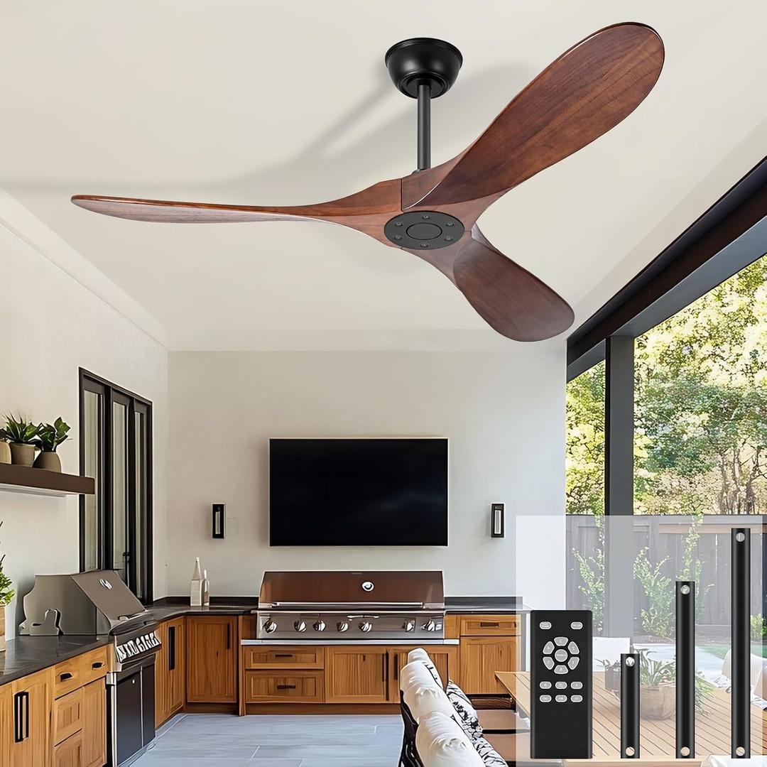 heimo 52 Inch Ceiling Fan No Light, Wood Indoor Outdoor Ceiling Fans Without Lights for Patios Bedroom Living Room Modern Propeller Exterior 3 Blade Wooden Fan with Remote Control(Walnut)