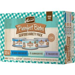 Merrick Purrfect Bistro Grain Free Premium Canned Pate Adult Wet Cat Food, Variety Pack Seafood Recipes - (12 Packs of 12) 5.5 oz. Cans, BBD: Apr 2026