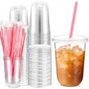 Ziliny 50 Sets Clear Plastic Cups with Heart Shaped Straws and Lids, Disposable Iced Coffee Cups Drinking Pet for Cold Drinks, Valentine's Galentine's Day Bridal Baby Showers Party (16 oz,Clear)