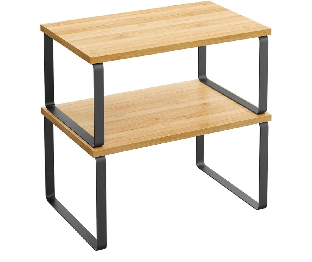 SONGMICS Cabinet Organizer Shelf, Set of 2 Kitchen Counter Shelves, Kitchen Storage, Spice Rack, Stackable, Expandable, Metal and Engineered Wood, Ink Black and Natural Beige UKCS02NB