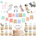 Dog Themed Banner Happy Birthday Banner Dog Birthday Decorations, 12 Pcs Dog Cupcake Toppers Puppy Party Decorations for Dog Lover, Birthday Puppy Decorations (Pink)