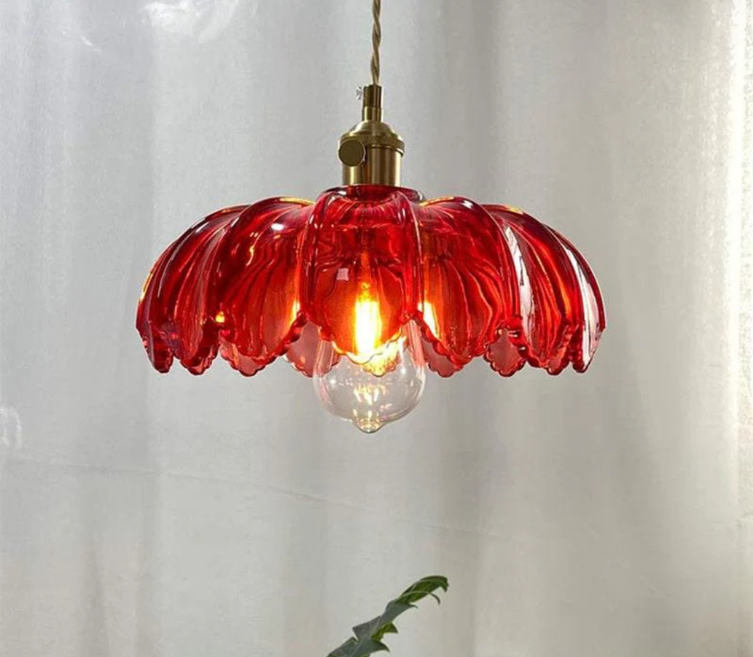 Vintage Red Lotus Flower Glass Ceiling Pendant Light