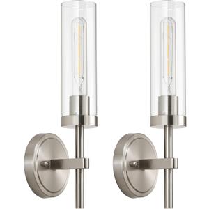 Brushed Nickel Hardwired Wall Sconces Set of 2, Modern Bathroom Sconces Vanity Light Fixture, Farmhouse Wall Mount Lamps for Mirror Living Room Bedroom Hallway (Hardwired 1-Light (2 Pack), Brushed Nickel & Clear Glass)