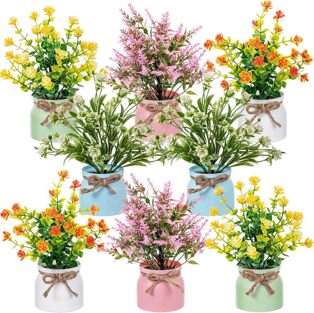 Zeyune Large Spring Artificial Flowers Potted Centerpieces Desktop Fake Floral Plants in Macaron Pot Greenery for Office Table Home Indoor Bathroom Office Wedding Bridal Decor (8 Pcs,Stylish)