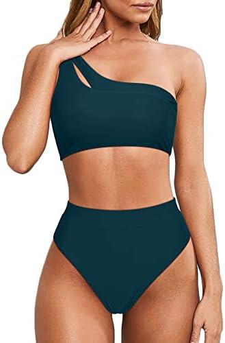 MOOSLOVER Women Cutout One Shoulder High Waisted Bikini High Cut Two Piece Swimsuits, Medium