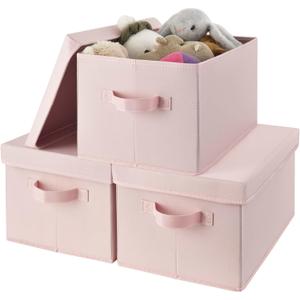 GRANNY SAYS Pink Storage Bins with Lids, Barbie Storage Organizer, Doll Toy Boxes, Stackable Fabric Storage Baskets for Closet, Baby Room, Nursery, 3-Pack (Medium)