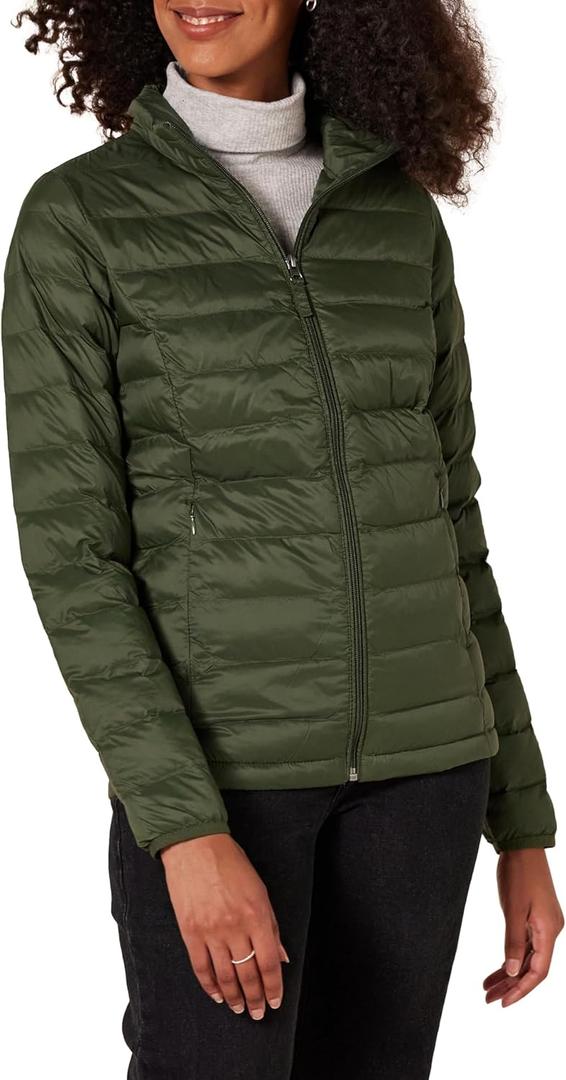 Amazon Essentials Women's Lightweight Long-Sleeve Water-Resistant Packable Puffer Jacket  (Medium, Dark Olive)