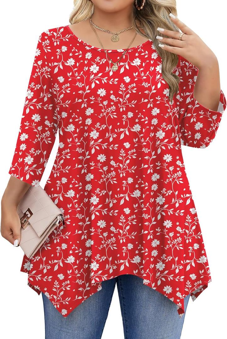 IN'VOLAND Plus Size Tops for Women 3/4 Sleeve Shirts Tunic Tops to Wear with Leggings Loose Fit Summer Fall Clothes (1X, Red Floral)
