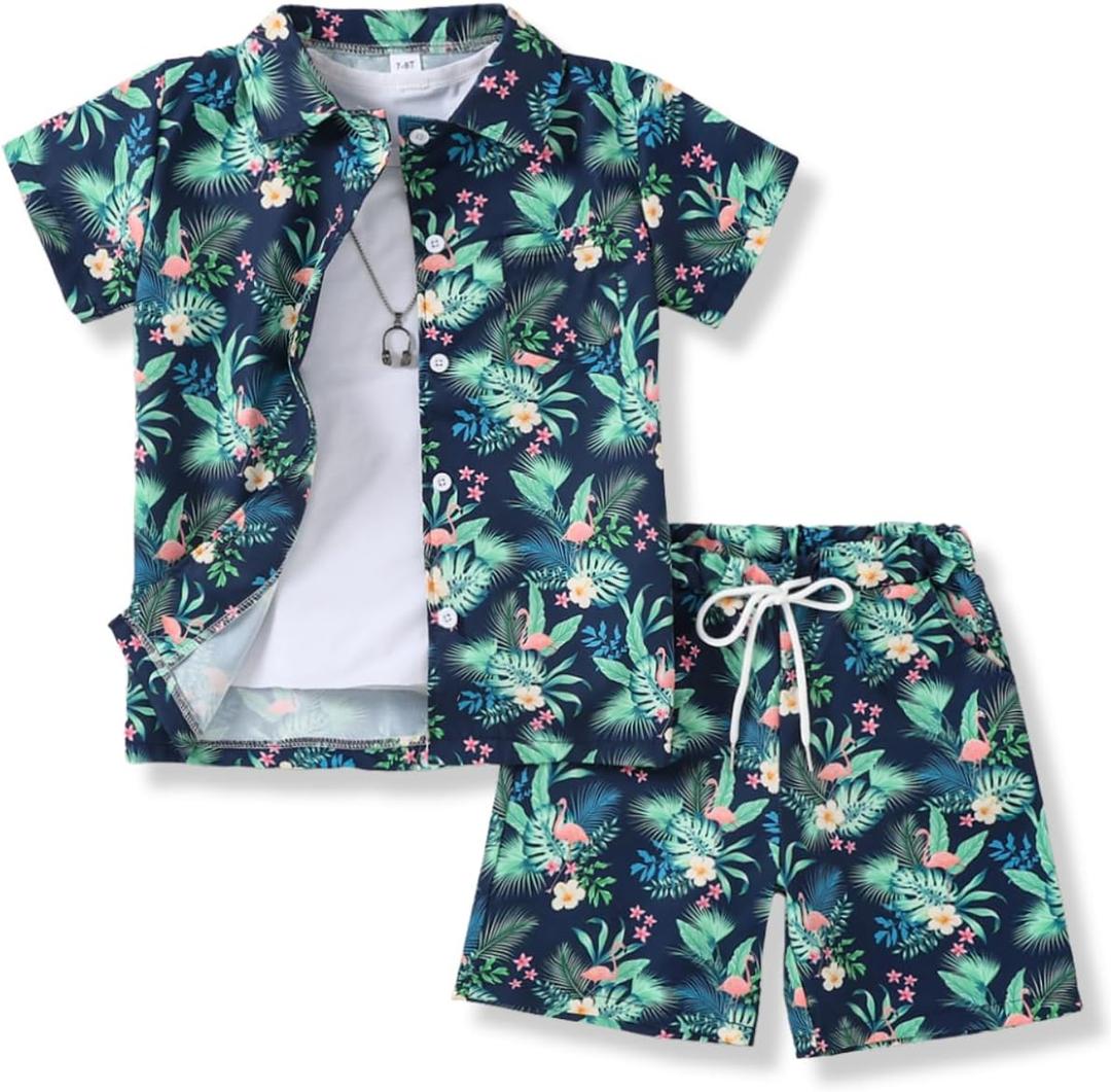Boys Summer Outfits 2Piece Casual Hawaiian Shirt and Short Set Holiday Beach Shirts for Kids Size 7-14 Years