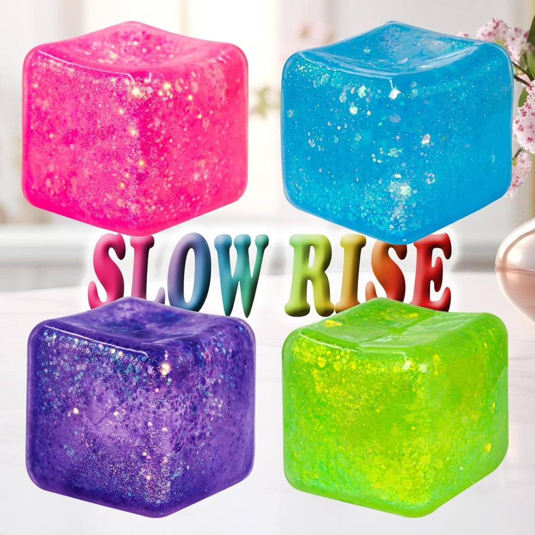 4Pack Glitter Squishy Cube, Nice Stress Cubes for Adults - Slow Rise Glitter Square Gel Stress Balls , Malt Sugar Stress Balls, Sensory Fidget Toys Squishys - Relieve Anxiety/Autism/ADD/ADHD