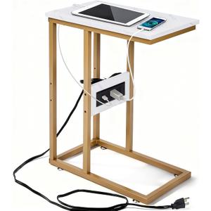 VECELO C Shaped End Side Table with Charging Station & Power Outlets for Couch Sofa/Bed, Snack TV Tray with Metal Frame for Living Room Bedroom 1 PCS Gold
