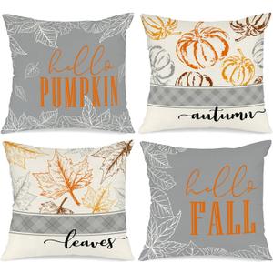 Ywlake 18x18 Fall Pillow Covers Set of 4, Hello Pumpkin Decorative Holiday 18 x 18 Autumn Cushion Covers Thanksgiving Pillow Case for Indoor Home Bedroom Couch Sofa Decor Grey