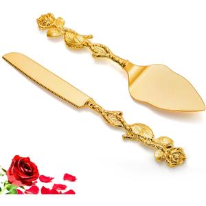 Wedding Cake Knife and Server Set, Gold Cake Cutting Set for Wedding, Vintage Rose Wedding Cake Cutter and Server for Birthday, Party, Anniversary, Cake, Pie, Pizza