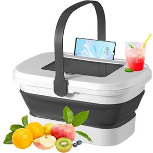 Collapsible Picnic Basket 16L, Folding Basket for Picnic with Lid Table, Waterproof Large Picnic Basket with Handles, Portable Collapsible Storage Basket for Camping, Outdoor, Travel, White