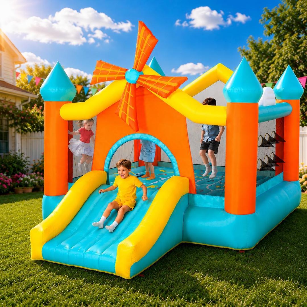 Bounce House for Kids 3-10, Large 12.5 × 10FT Windmill Inflatable Bouncy Castle, with Slide & Dual Basketball Hoops & Spacious Jump Area, Outdoor Backyard Birthday Party, with 550W Blower