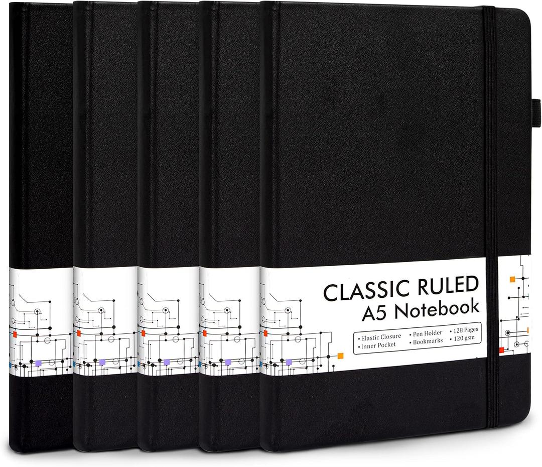 5 x 5 Pack Journal Notebook Bulk for School, Feela Hardcover Business Notebooks Classic Ruled Lined Journals with Pen Holder for Work Note Taking, with 5 Black Pens, 120 GSM, 5.1x8.3, A5, Black
