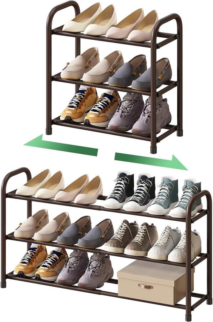 Expandable Shoe Rack for Closet, 3-Tier Shoe Organizer for Closet, Metal Adjustable Black Shoe Shelf Storage Organizer, Free Standing Shoe Rack for Entryway (Brown)