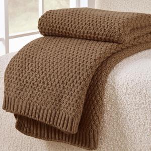Light Brown Throw Blanket, Knit Throw Blanket for Couch, Soft Cozy Warm Lightweight Reversible Decorative Moss Stitch Cable Knitted Blankets for Bed, 60x80 Inches, Camel Brown