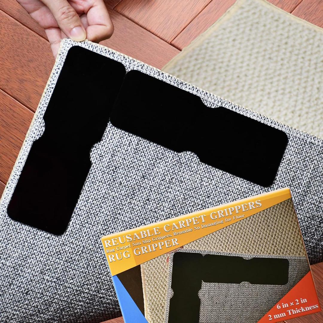 Re-Call Rug Tape, 12pc Rug Corner Grippers, Double-Sided Reusable Carpet Tape, Washable Non-Slip Rug Pads, Strong Adhesive Rug Grippers, Rug Tape for Hardwood Floors Without Causing Damage