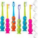 Trueocity Kids Toothbrush 6 Pack - Soft Contoured Bristles - Child Sized Brush Heads (3-10 Year Old) - Suction Cup for Fun & Easy Storage - Girl & Boy Set (6-Pack, Multi-Color)