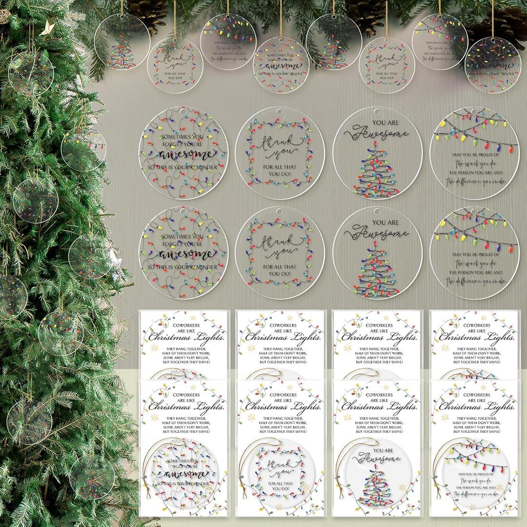 Thyle 24 Sets Employee Christmas Hanging Ornament Gifts Bulk Coworkers Thank You Appreciation Gift with Cards 4 Styles Inspirational Xmas Bulb Acrylic Ornaments for Nurse Staff Teachers Team Group