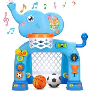 KIZZYEA Toys for 1 2 3 Years Old Boys Girls, Toddler Basketball Hoop & Soccer Goal, Montessori Toy, Interactive Musical Sports Toys with Light, Christmas Birthday Gifts for Baby Kids Age 12-18 Months (Blue)