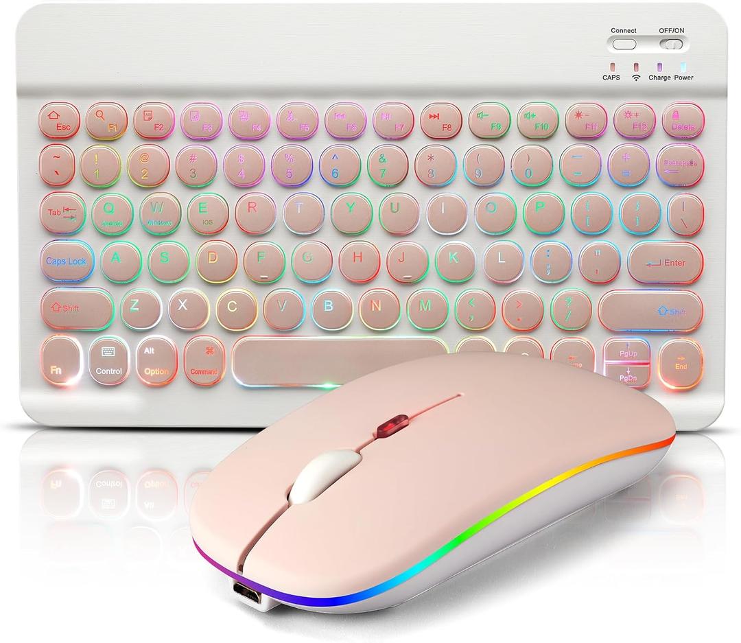 Bluetooth Keyboard and Mouse Combo for iPad - Rechargeable Wireless Keyboard & Mouse with 7-Color Backlit Compatible with iPad 9th/8th Gen, iPad Pro/Air/Mini, iPhone14/13/12 Pro, Round Keys Pink