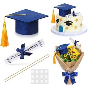 Breling Blue and Gold Graduation Cap Cake Topper with Diploma Centerpiece Sticks Mini Felt Grad Hat Cake Toppers with Tassel Class of 2026 Grad Table Decor Party Supplies Decorations