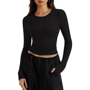 REORIA Long Sleeve Shirts for Women 2024 Fall Fashion Round Neck Basics Y2K Tops Layering Slim Fitted Top ,Size S