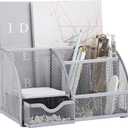 Annova Mesh Desk Organizer Office with 7 Compartments + Drawer/Desk Tidy Candy/Pen Holder/Multifunctional Organizer (Silver)