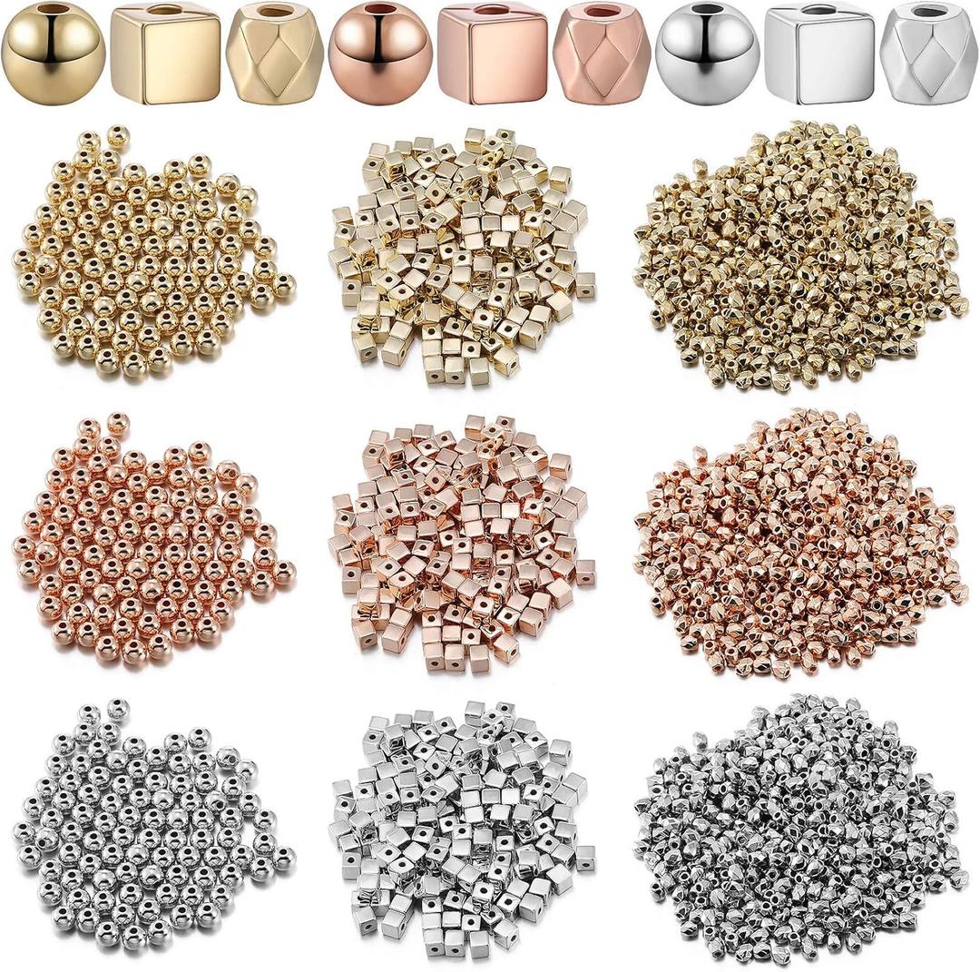 3000 Pieces Assorted Spacer Beads Include 1500 Faceted Rondelle Cube Column, 900 Round Ball, 600 Square Charm Loose Spacer Bead for DIY Jewelry (Gold, Sliver, Rose Gold) (Silver)