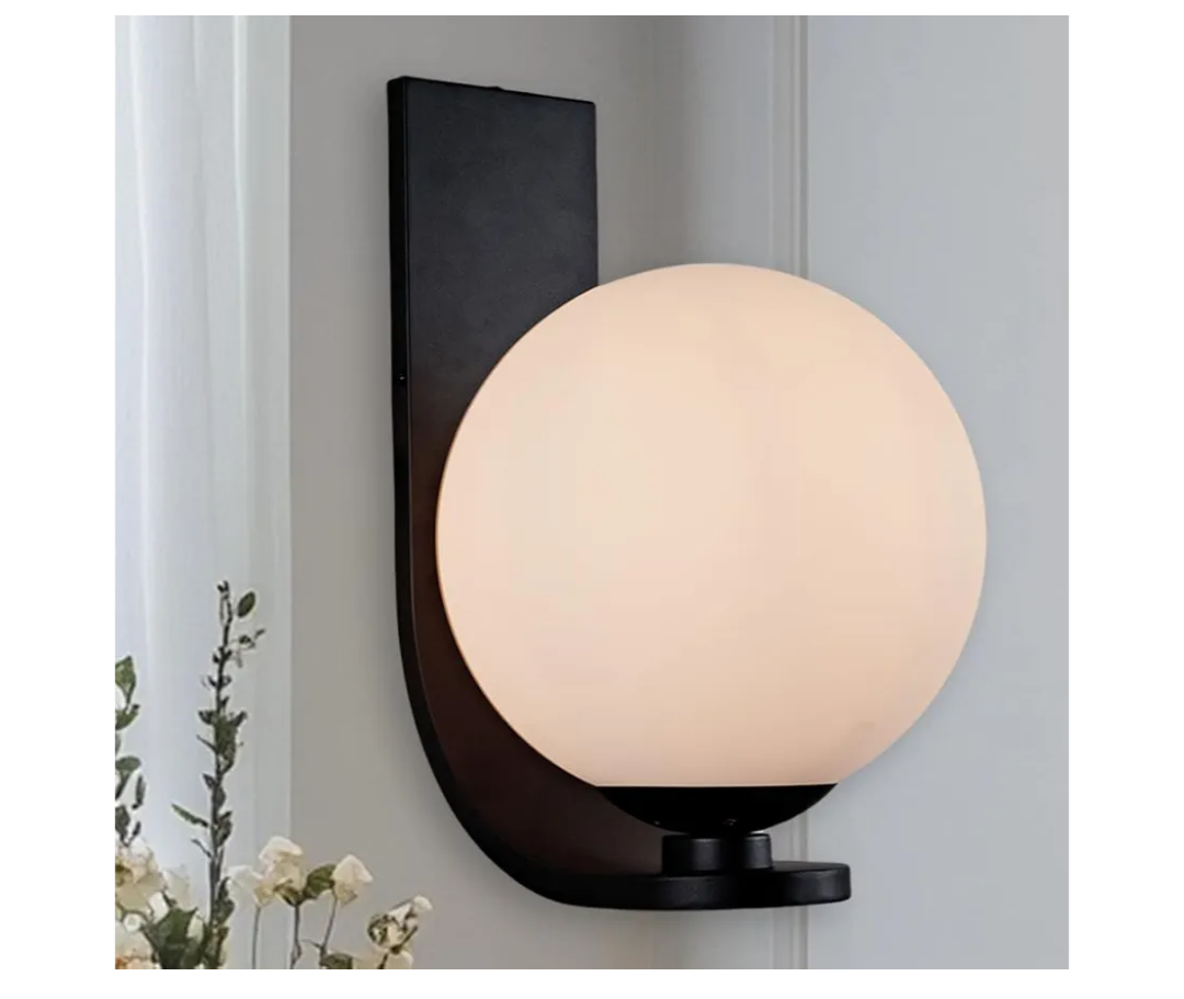 Modern Globe Shade Wall Sconce, Minimalist Art Deco Wall Light Fixture, Curvilinear Base Steel Night Light with Milk White Lampshade, Wall Mounted Lamp for Bathroom, Living Room, Bedroom (10")