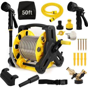 50FT 304 Stainless Steel Garden Hose with Reel, Heavy Duty Metal Water Hose with Holder & Storage Cover, Kink Free Tangle Free Flexible Outdoor Hose Set for Yard Garden