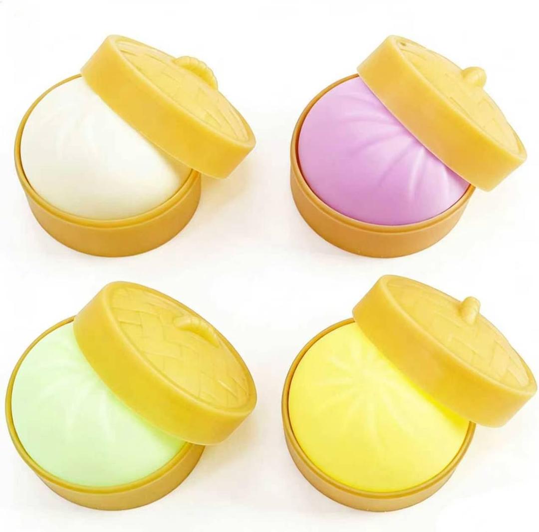 4PCS Dumpling Squishies Toy with Steamer,Colorful Slow Rising Stress Ball,Stretchy Fidget Sensory Toy for Anxiety Relief,Perfect Easter Basket Stuffers for Kids and Adults