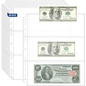 90 Pockets Acid Free Currency Sleeves, Non Stick and Non Glare Dollar Bill Sleeves for Collecting Cash, Banknotes or Coupons, Fit for 3 Ring Binder Currency Album, 30 Pack