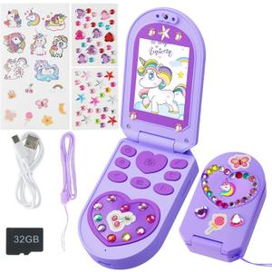 Kids Phone Toys for Girls, Christmas Birthday Gifts for Kid Age 3-8, Flip Phone Toy Mobiles with HD Dual Cameras, 1080P Video, Music Player, Games, Kid.s Camera with DIY Stickers, 32GB Card, Purple