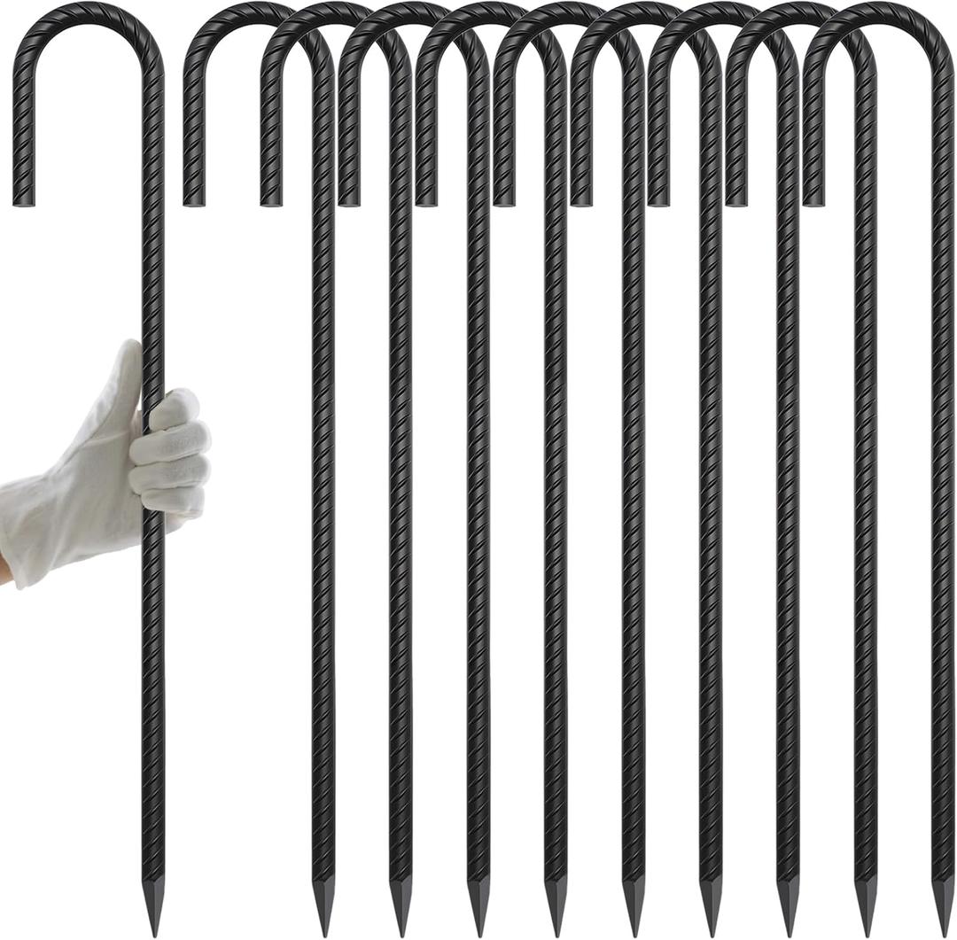 AAGUT 24 Rebar Ground Stakes (10pcs) Heavy Duty 1/2" J Hook Fence Anchors Curved Steel Garden Stake Yard Spikes with Sharp End for Camping Tent,Black Powder Coated